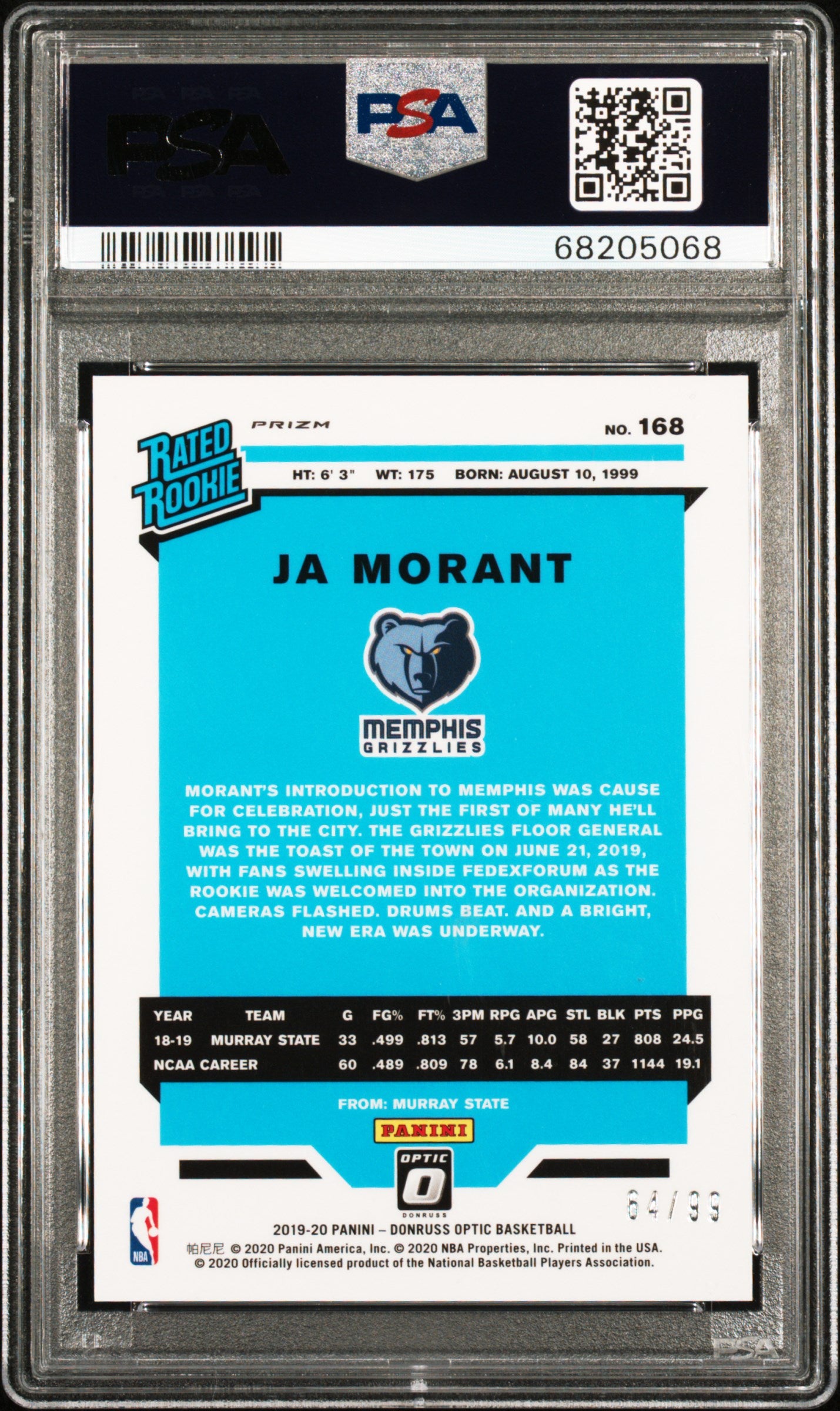 2019-20 Optic Ja Morant Red Rookie /99 PSA 10