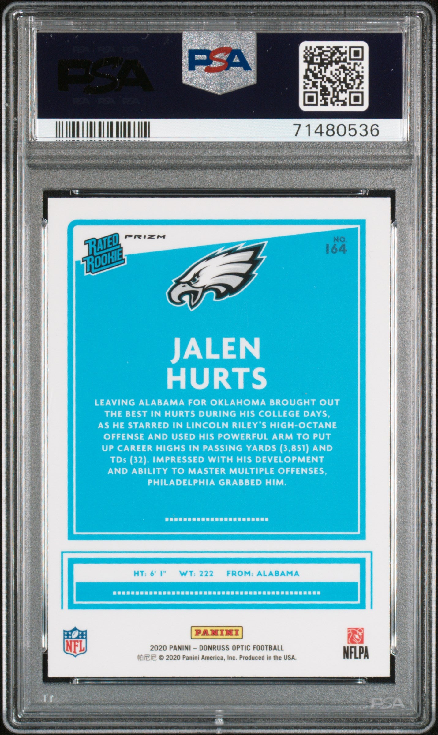 2020 Donruss Optic Jalen Hurts Rated Rookie Pink PSA 10 RC