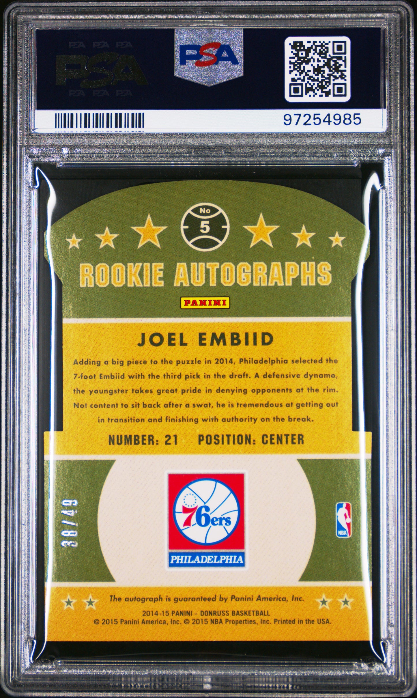 2014-15 Donruss Joel Embiid Rookie Auto Die Cut /49 PSA 9