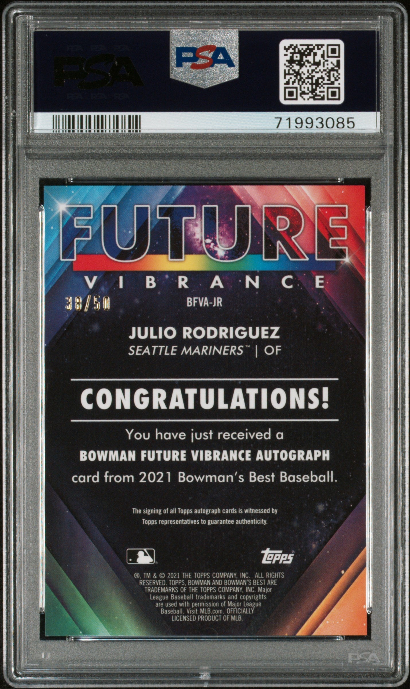 2021 Bowman's Best Julio Rodriguez #BFVA-JR Auto Lava Refractor /50 PSA 8