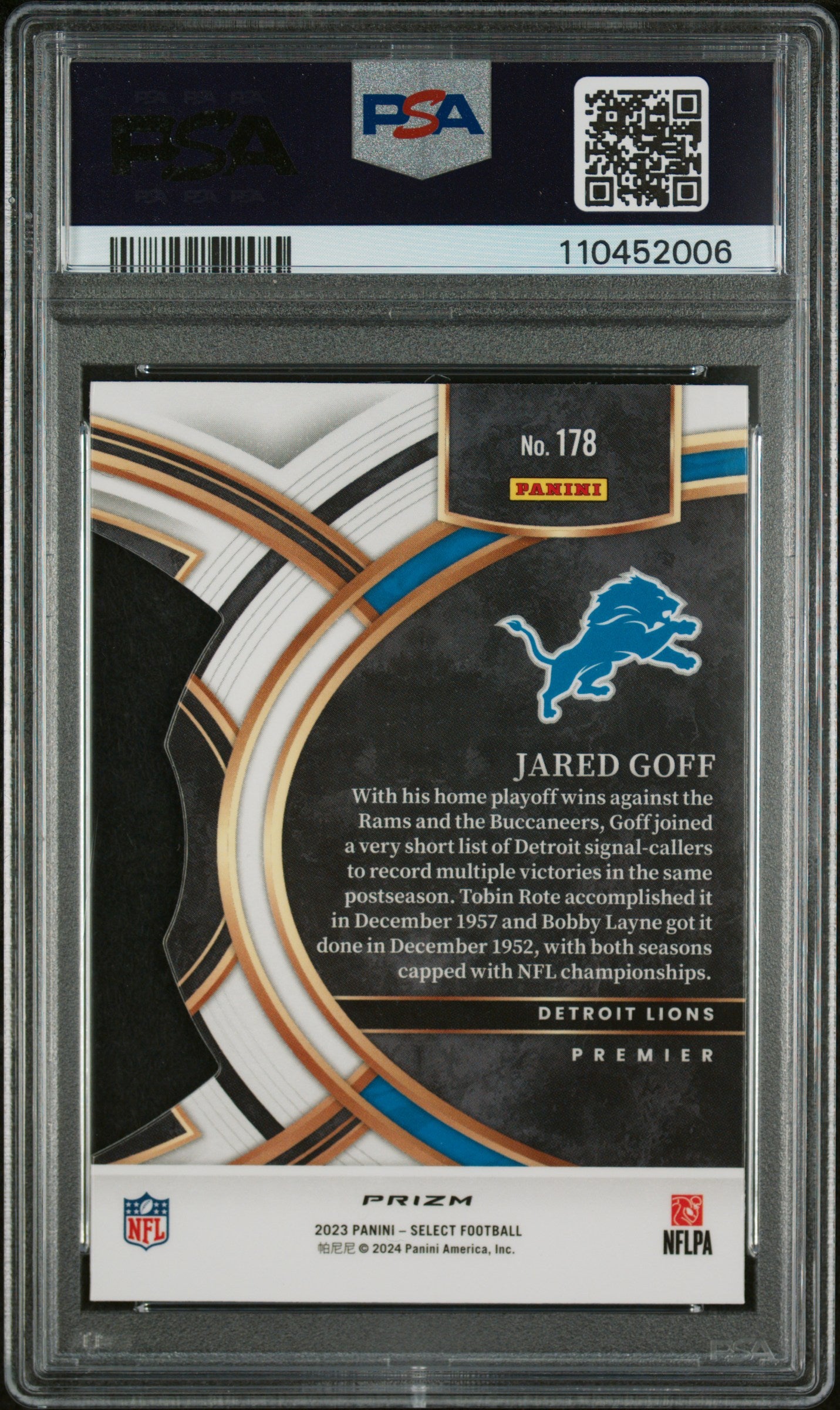 2023 Select Jared Goff Zebra Die Cut PSA 10 SSP
