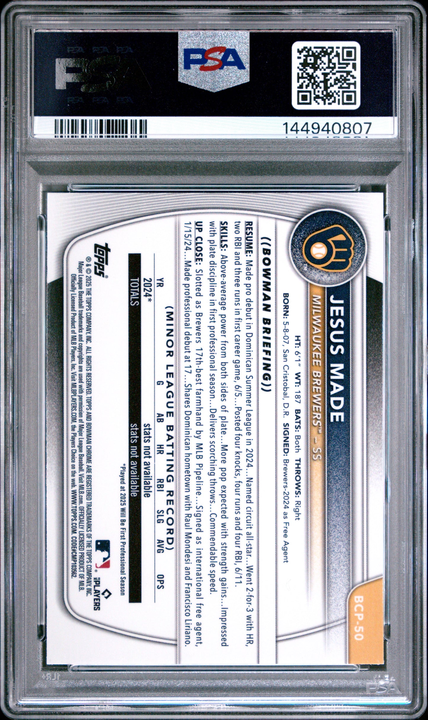 2025 Bowman Jesus Made #BCP-50 Chrome Mega Box Purple Refractor /250 1st PSA 9