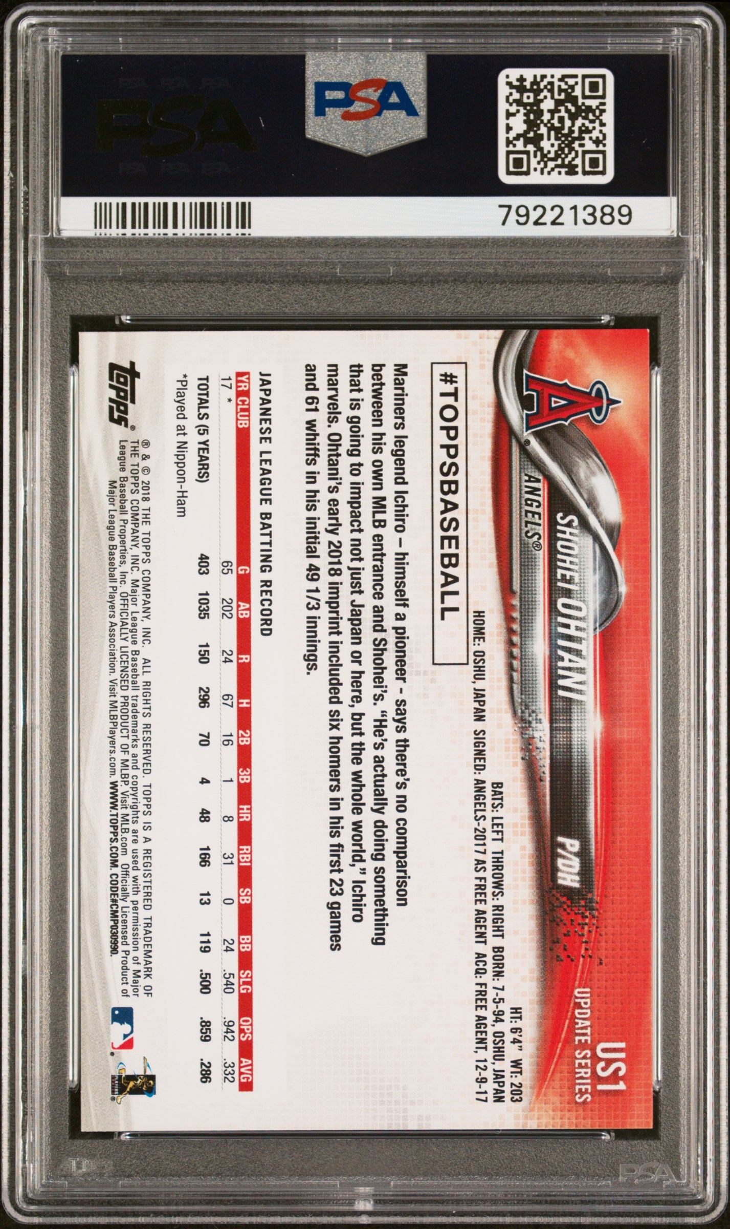 2018 Topps Update Shohei Ohtani Rookie PSA 9
