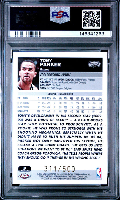 2003-04 Topps Chrome Tony Parker #105 Refractor Black 311/500 PSA 8