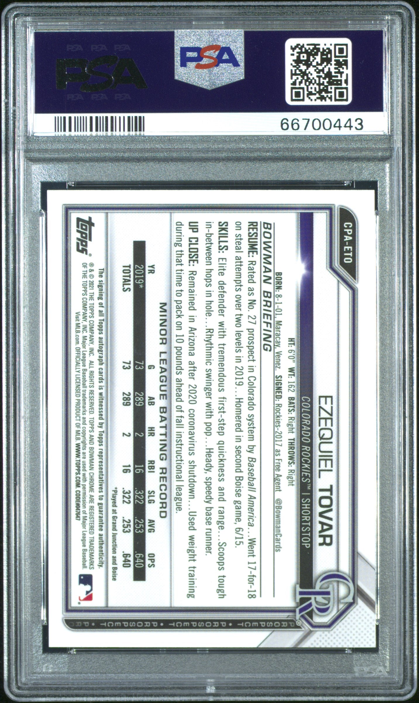 2021 Bowman Chrome Ezequiel Tovar Blue Refractor Auto /150 PSA 9/10