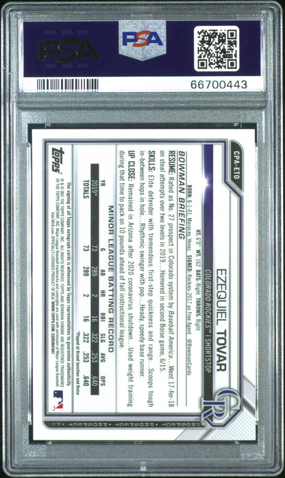 2021 Bowman Chrome Ezequiel Tovar Blue Refractor Auto /150 PSA 9/10