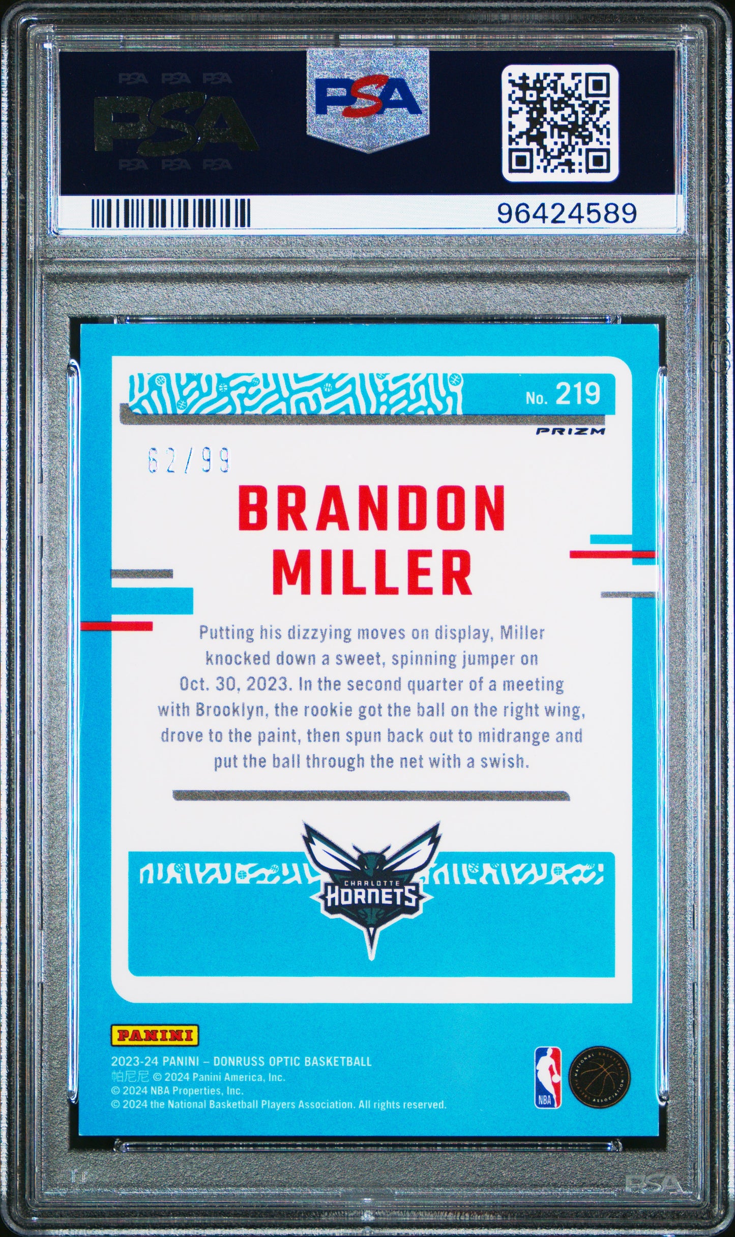 2023 Optic Brandon Miller Fast Break Purple 62/99 PSA 8 RC
