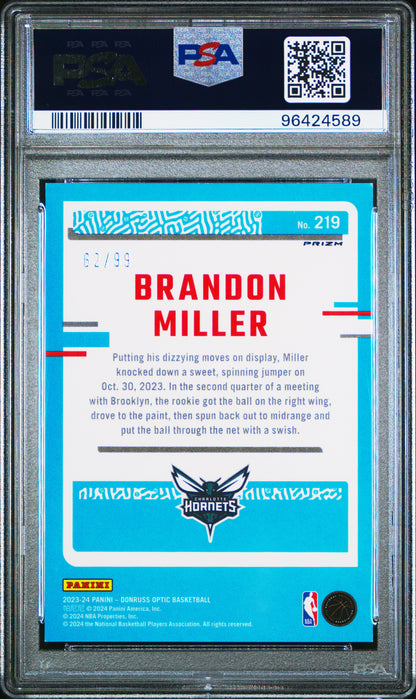 2023 Optic Brandon Miller Fast Break Purple 62/99 PSA 8 RC