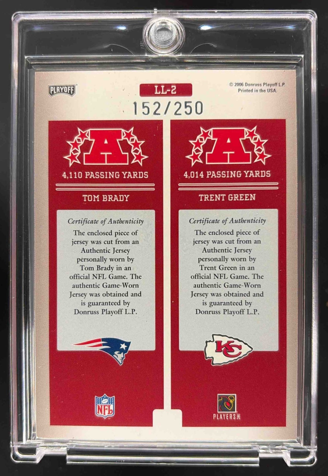 2006 Donruss Gridiron Gear Tom Brady #LL-2 Jerseys Prime /250