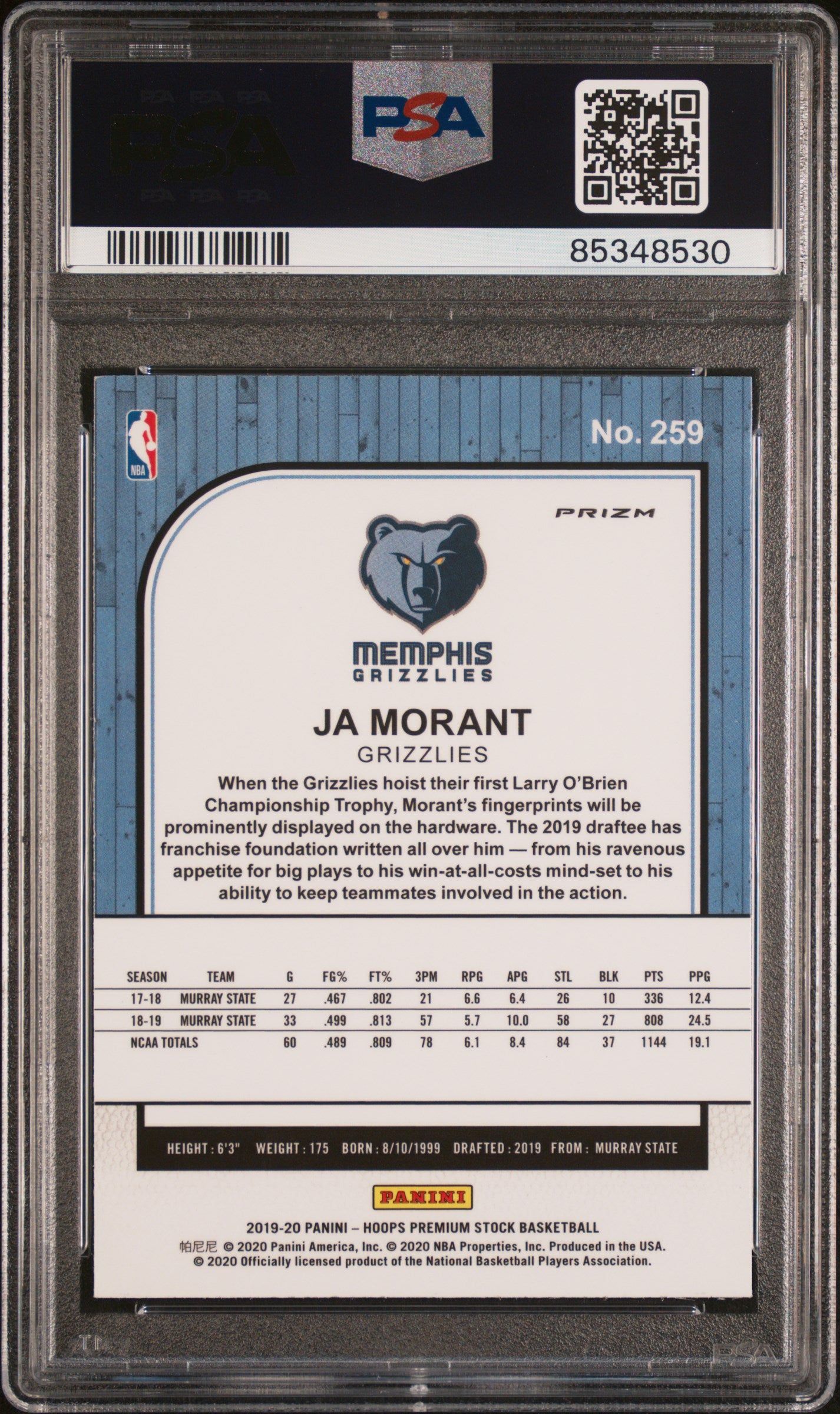 2019-20 Hoops Premium Stock Ja Morant Purple Disco Rookie PSA 10