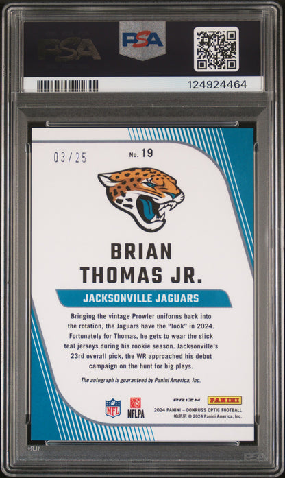 2024 Optic Brian Thomas Jr Primary Colors Purple Stars Rookie Auto /25 PSA 9