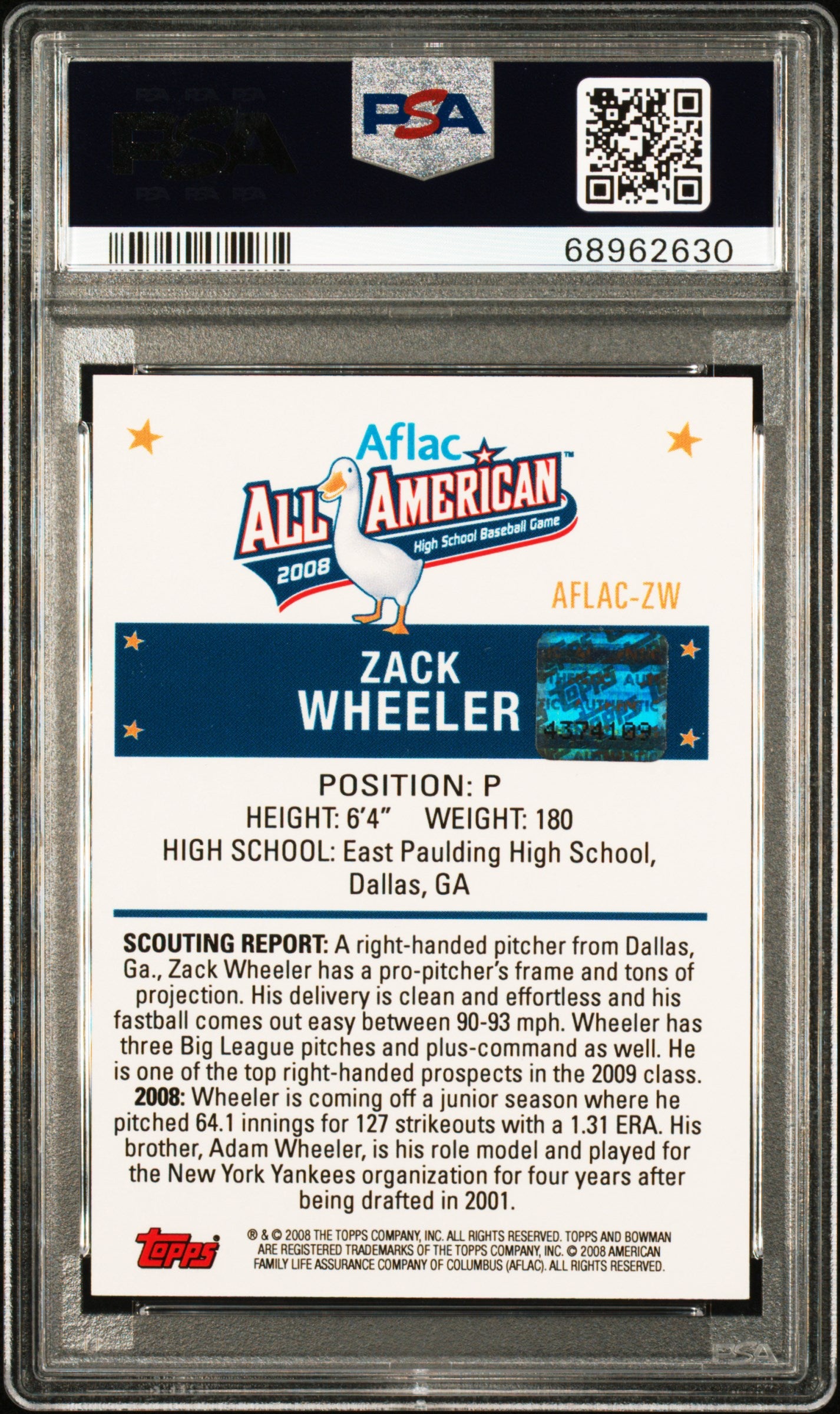 2008 Bowman Aflac Zack Wheeler Auto 217/244 PSA 7 1st EVER AUTO