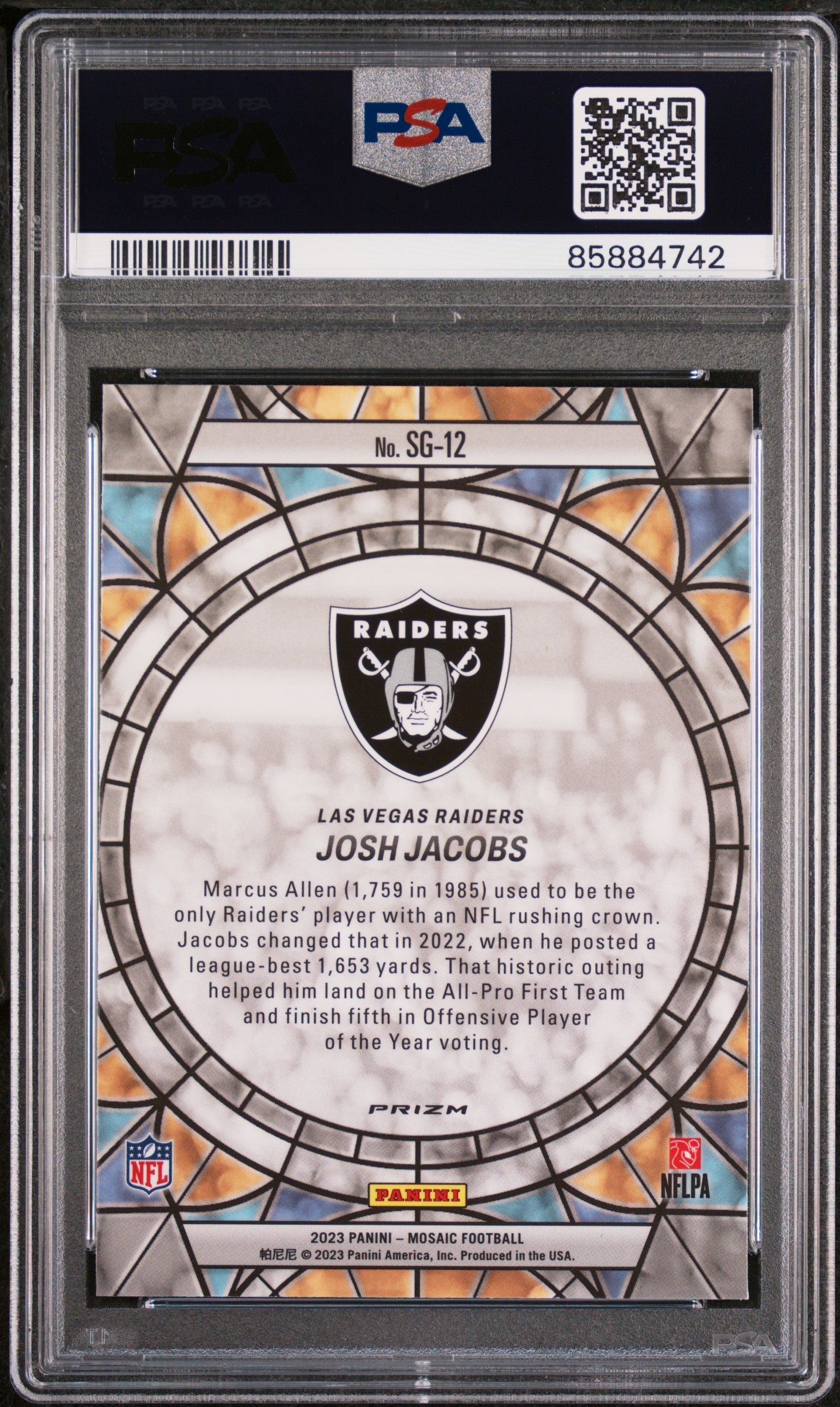 2023 Panini Mosaic Josh Jacobs #SG-12 Stained Glass Raiders PSA 10