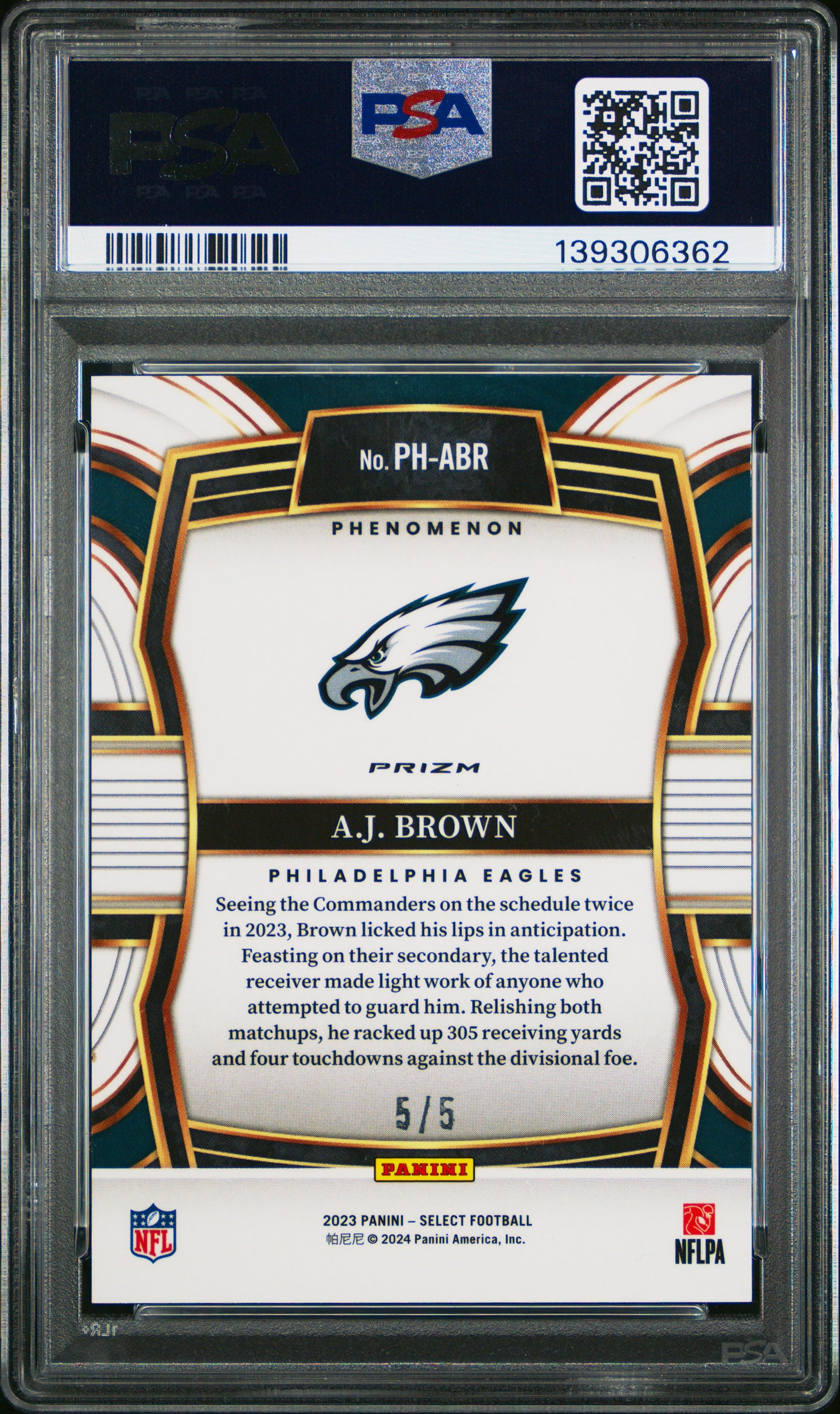 2023 Panini Select A.J. Brown #PH-ABR Phenomenon Green Prizm 5/5 Eagles PSA 10