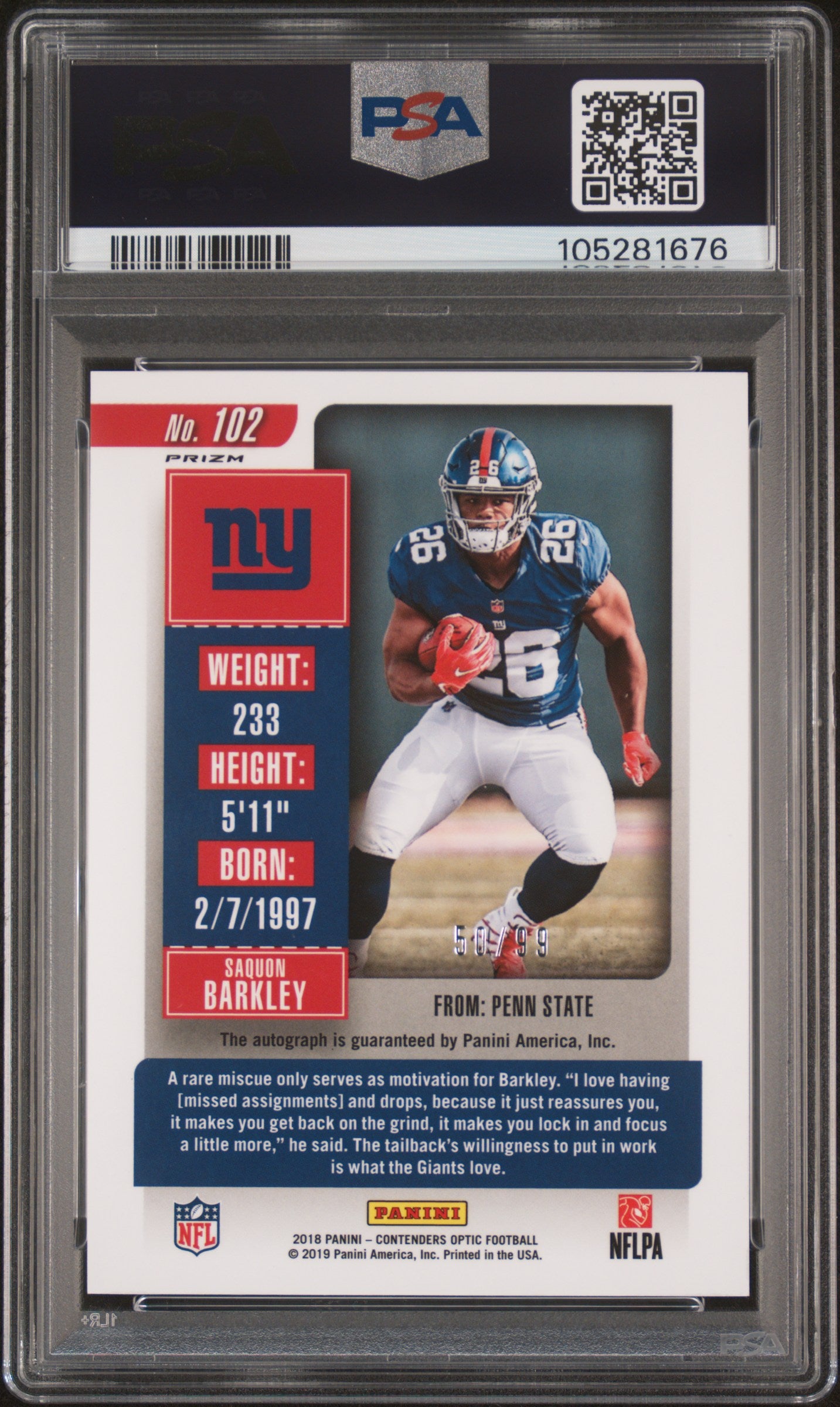 2018 Contnders Optic Saquon Barkley Red Auto /99 PSA 9 RC