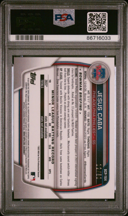 2023 Bowman Chrome Jesus Caba Gold Chrome /50 1st PSA 10