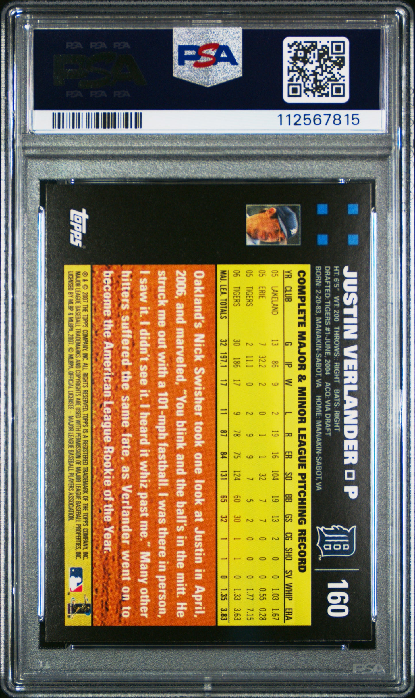 2007 Topps Justin Verlander Rookie Cup PSA 10