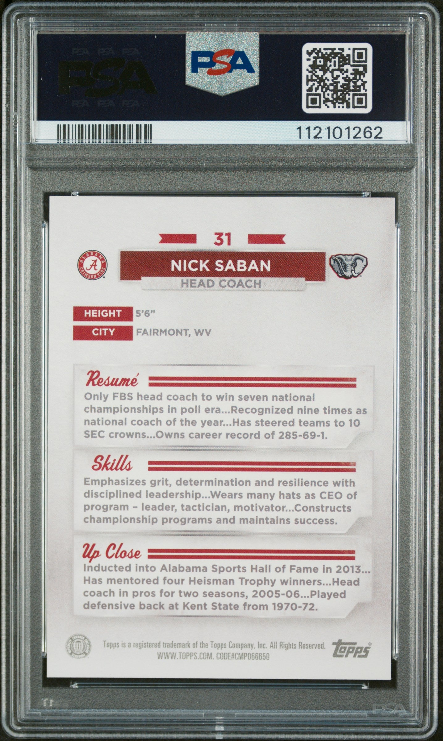 2023 Bowman U Alabama Nick Saban Blue /99 PSA 10