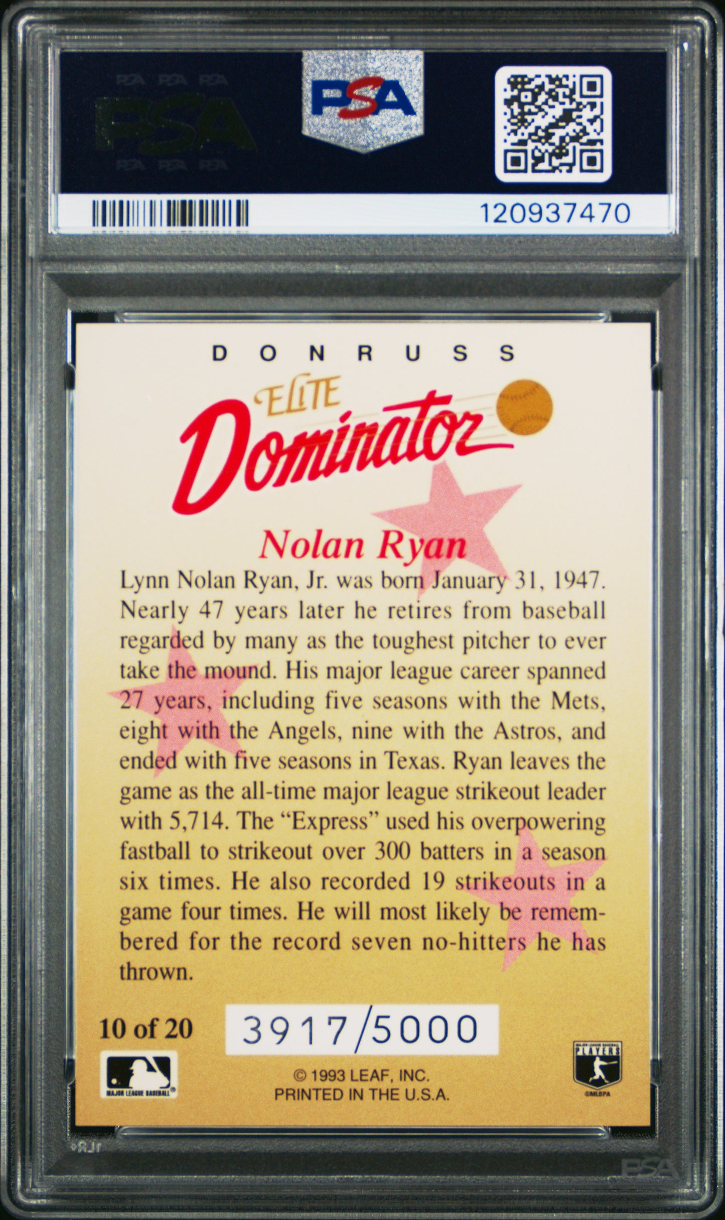 1993 Donruss Nolan Ryan Dominator /5000 PSA 8