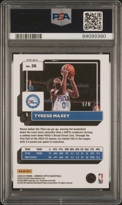 2022 Optic Tyrese Maxey Black Gold Choice /8 PSA 9