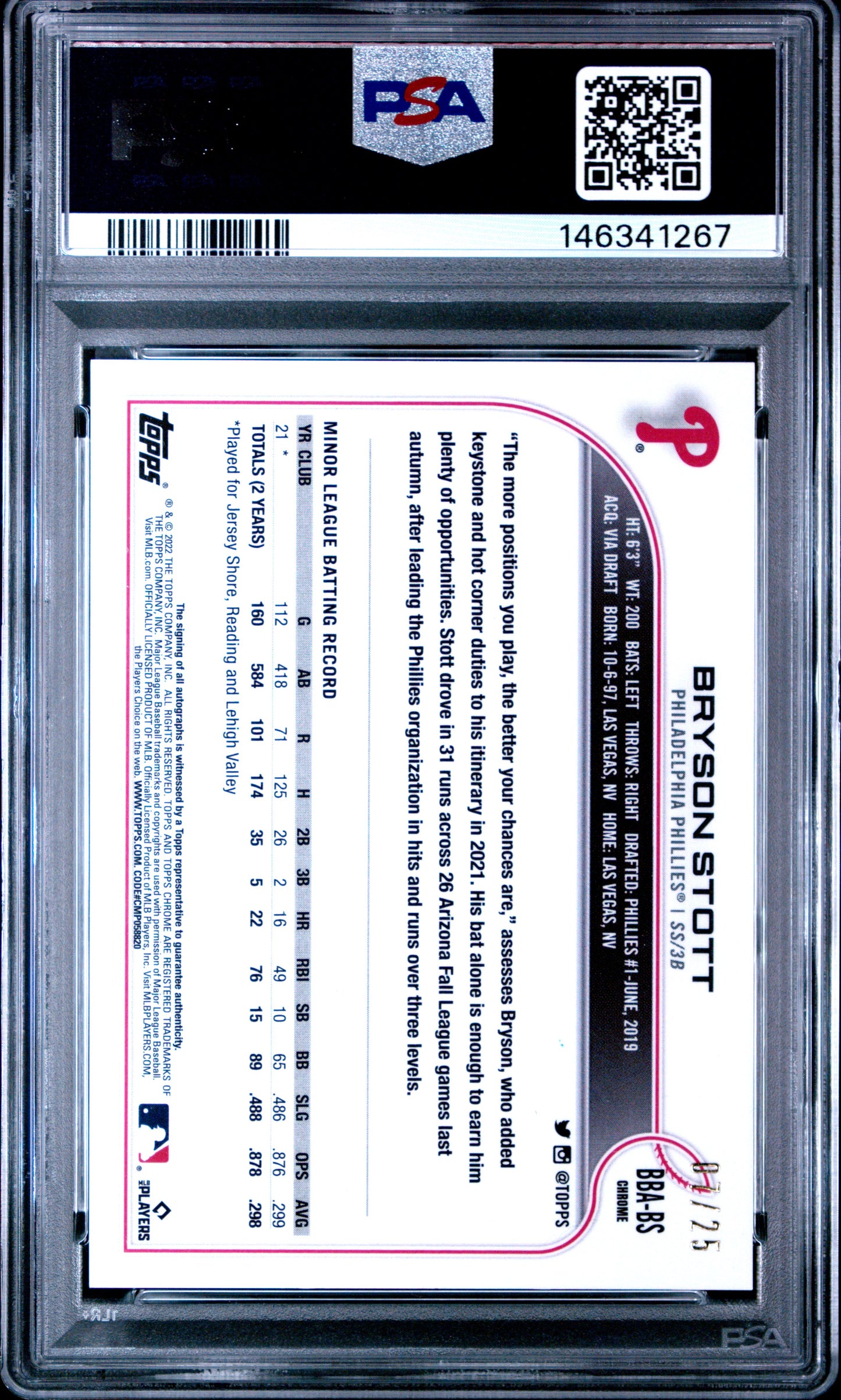 2022 Topps Chrome Ben Baller Edition Bryson Stott Auto Orange /25 RC PSA 10