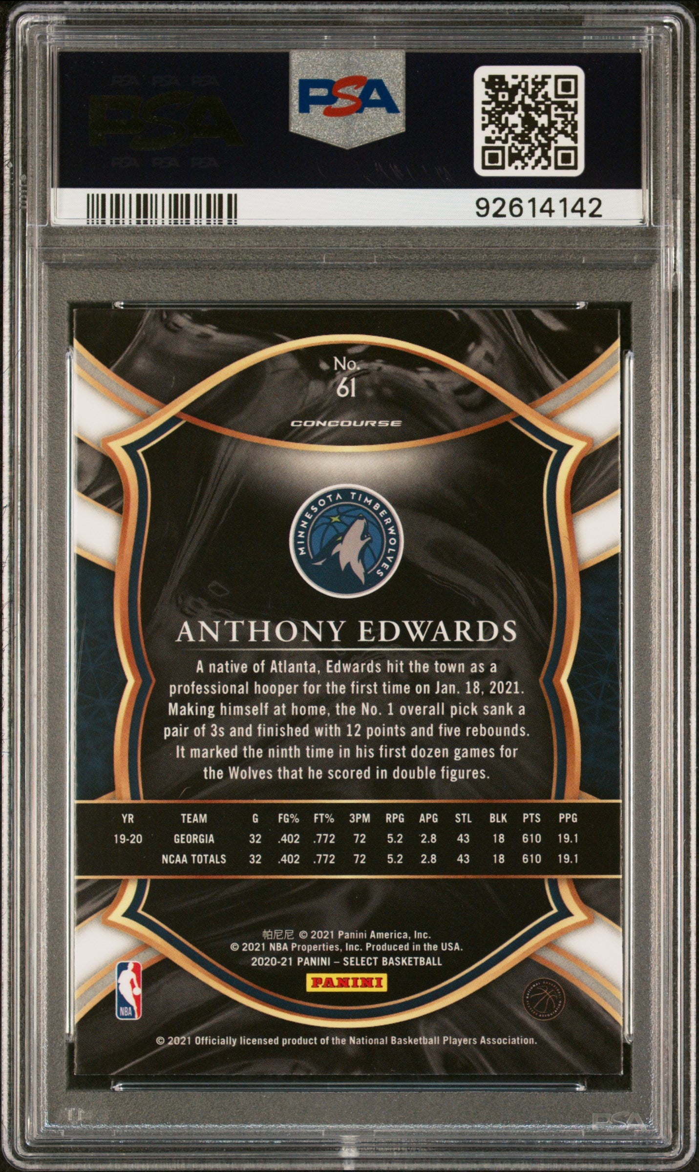 2020-21 Select Anthony Edwards Select Rookie PSA 10