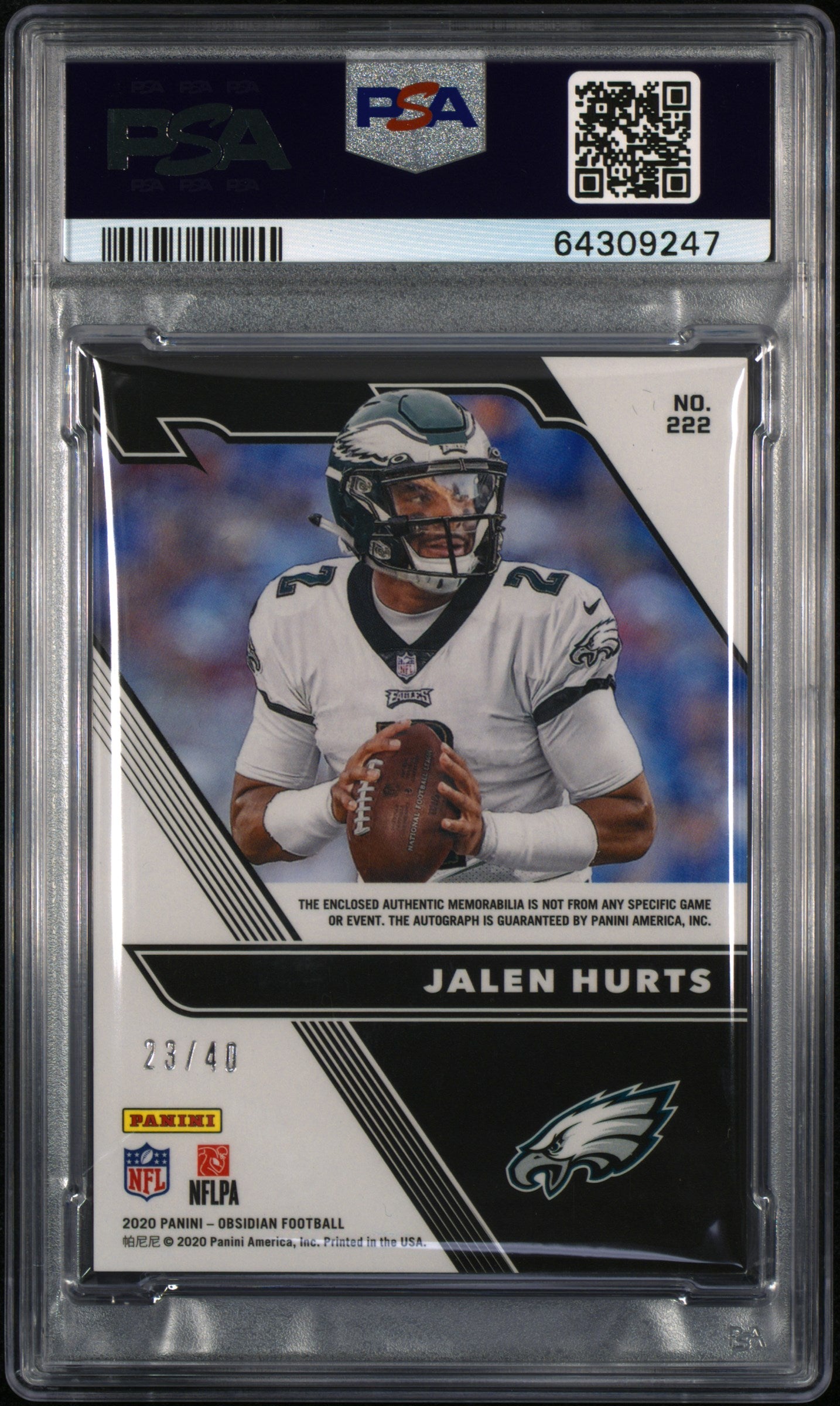 2020 Obsidian Jalen Hurts Electric Etch Purple RPA /40 PSA 9 RC