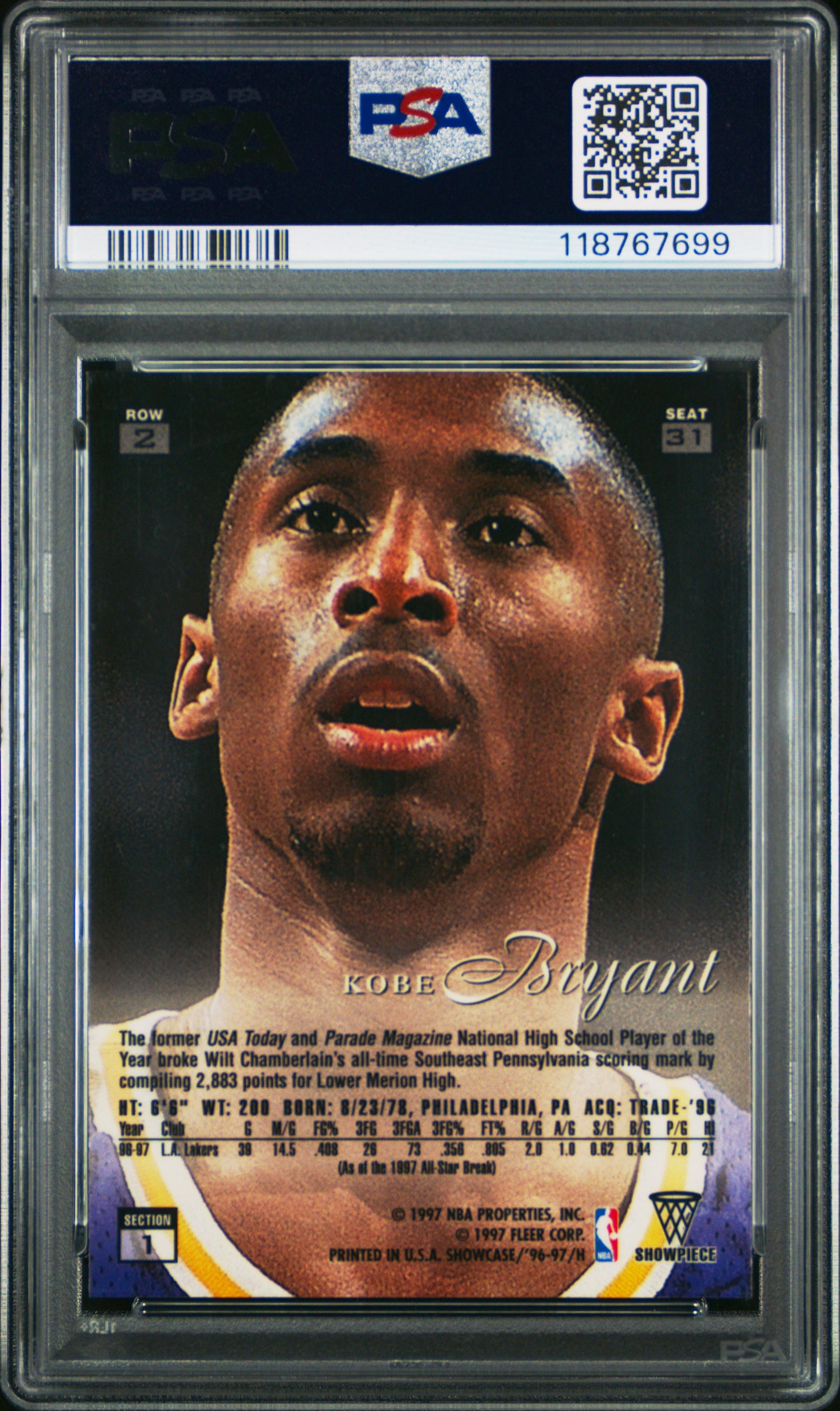 1996-97 Flair Kobe Bryant Row 2 Rookie PSA 8