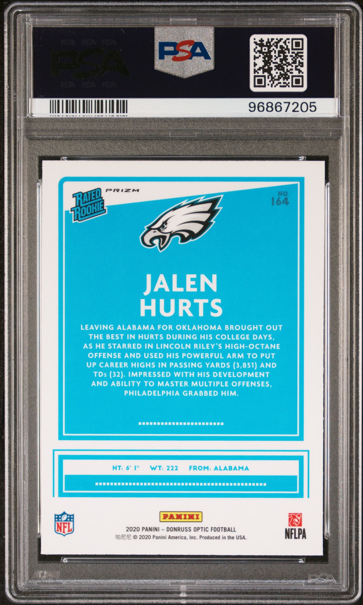 2020 Optic Jalen Hurts Pink Rookie PSA 10