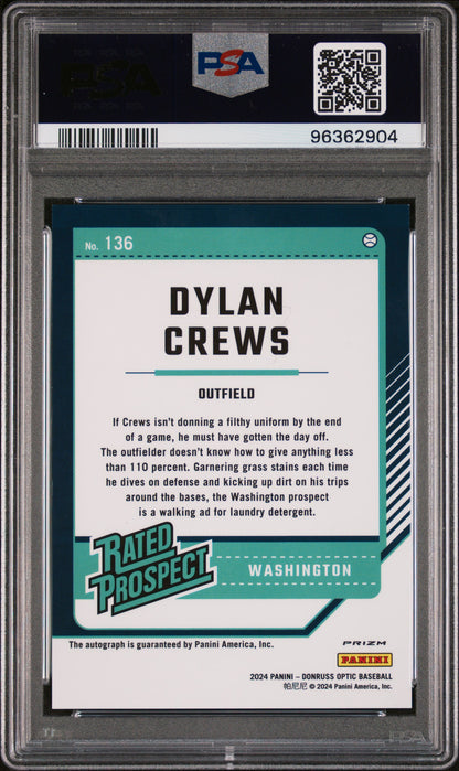 2024 Panini Donruss Dylan Crews #136 Prospects Optic Signatures Holo Auto PSA 9