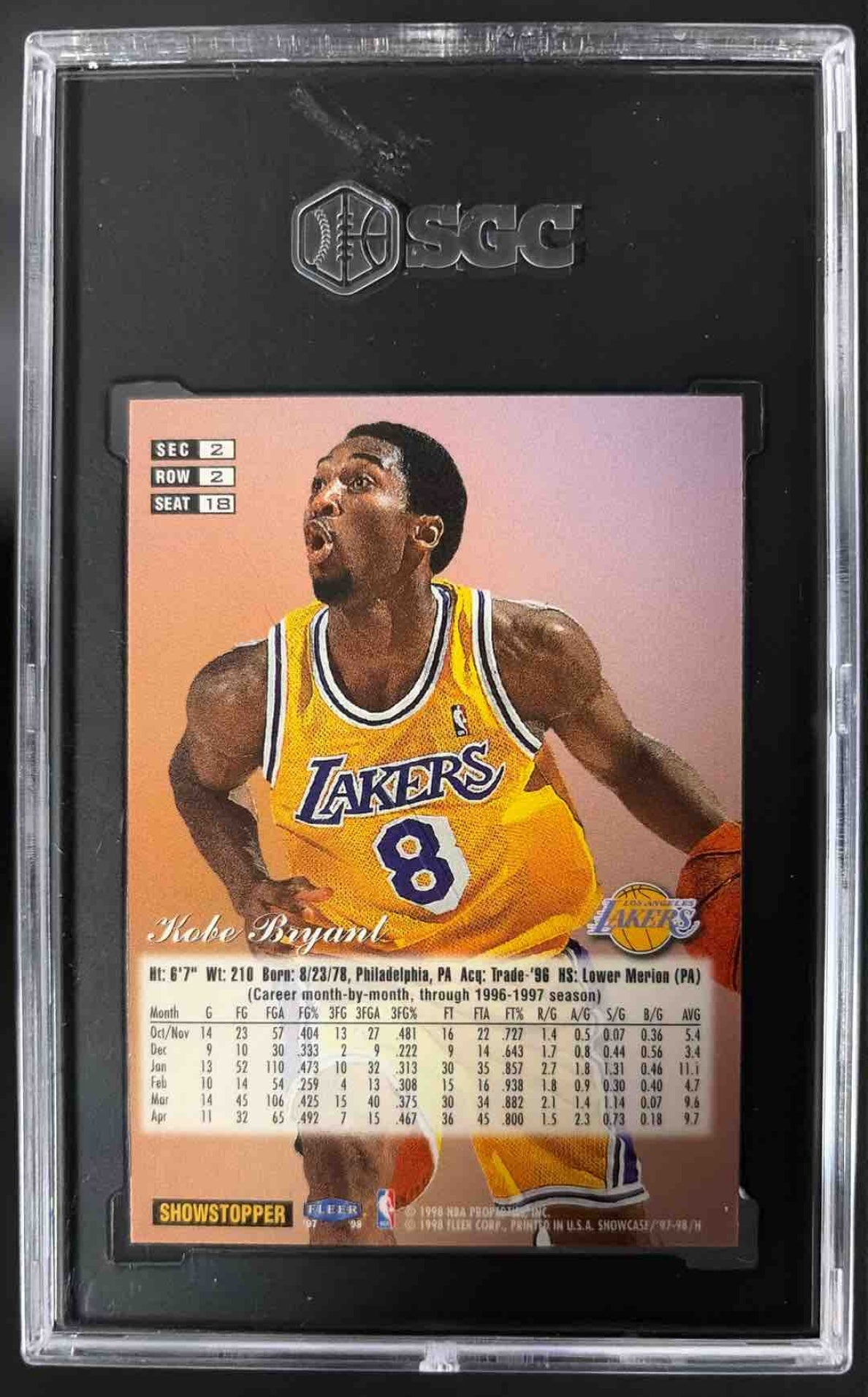 1997-98 Fleer Flair Showcase Kobe Bryant #2 Row 3 Lakers SGC 9