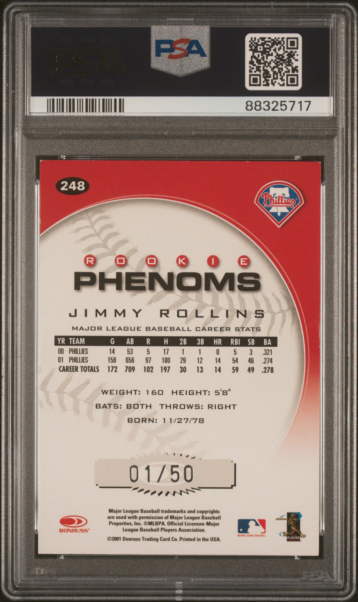 2001 Donruss Jimmy Rollins First Class Rookie 1/50 PSA 7 POP 1