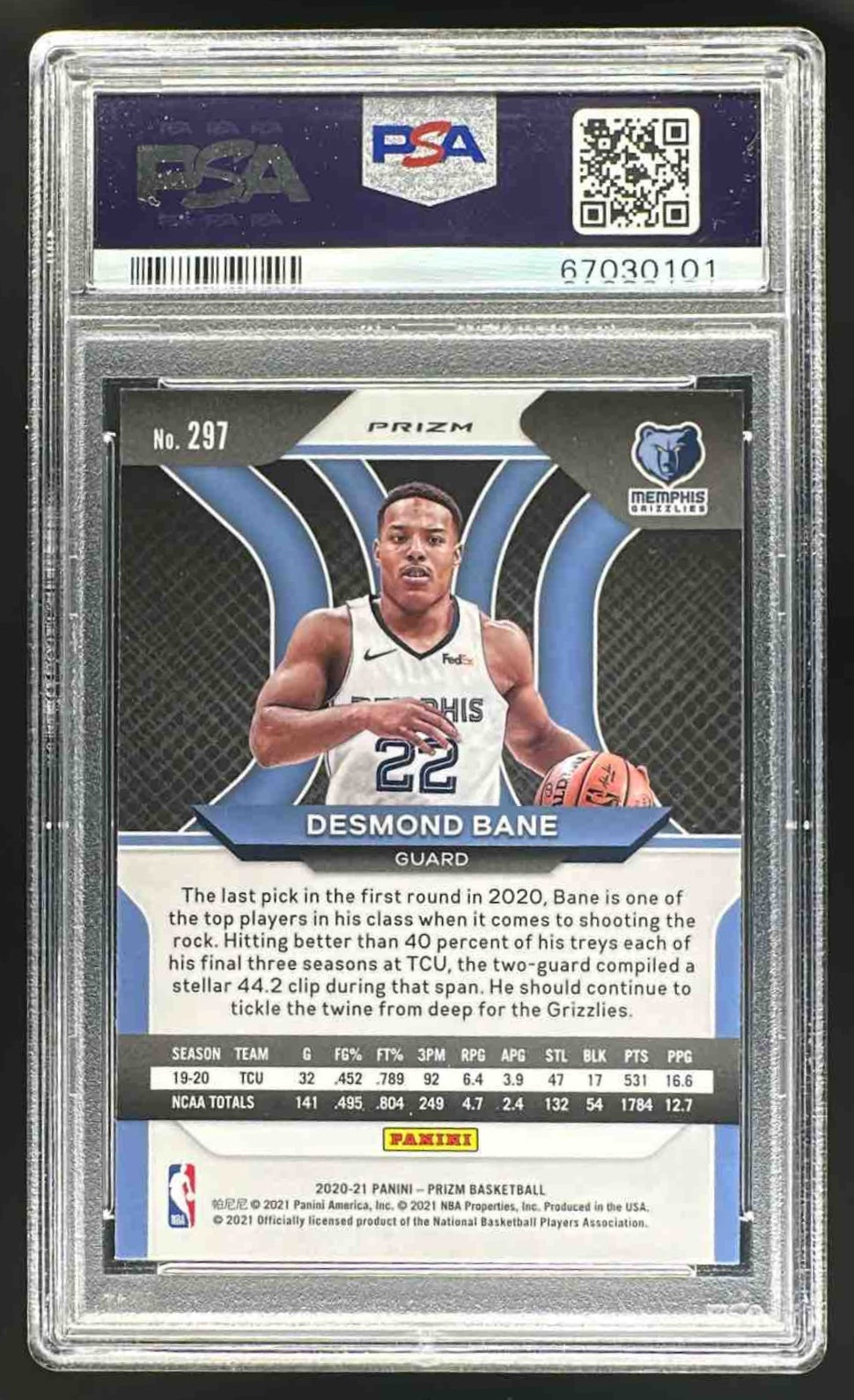 2020-21 Panini Prizm Desmond Bane #297 Silver Prizms RC PSA 10