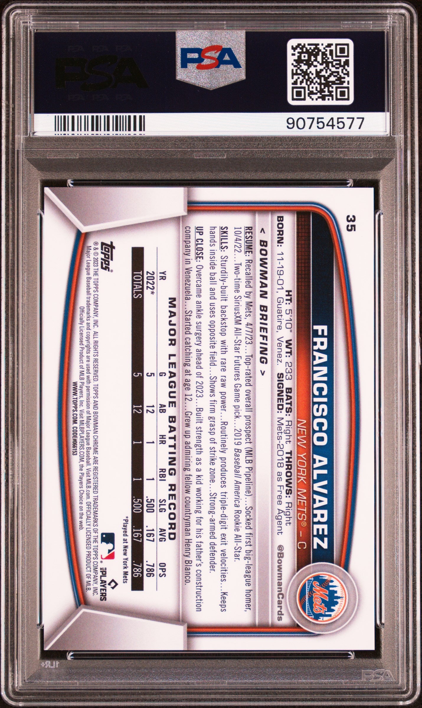 2023 Bowman Chrome Sapphire Francisco Alvarez #35 Orange 31/75 RC Mets PSA 10