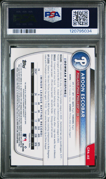 2025 Bowman Chrome Aroon Escobar Blue X-Fractor Auto /150 PSA 9