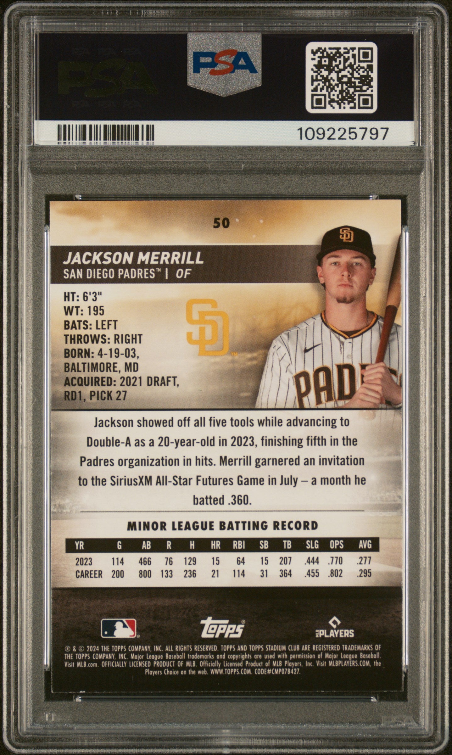 2024 Stadium Club Jackson Merrill First Day Issue Rookie PSA 9 SSP /10