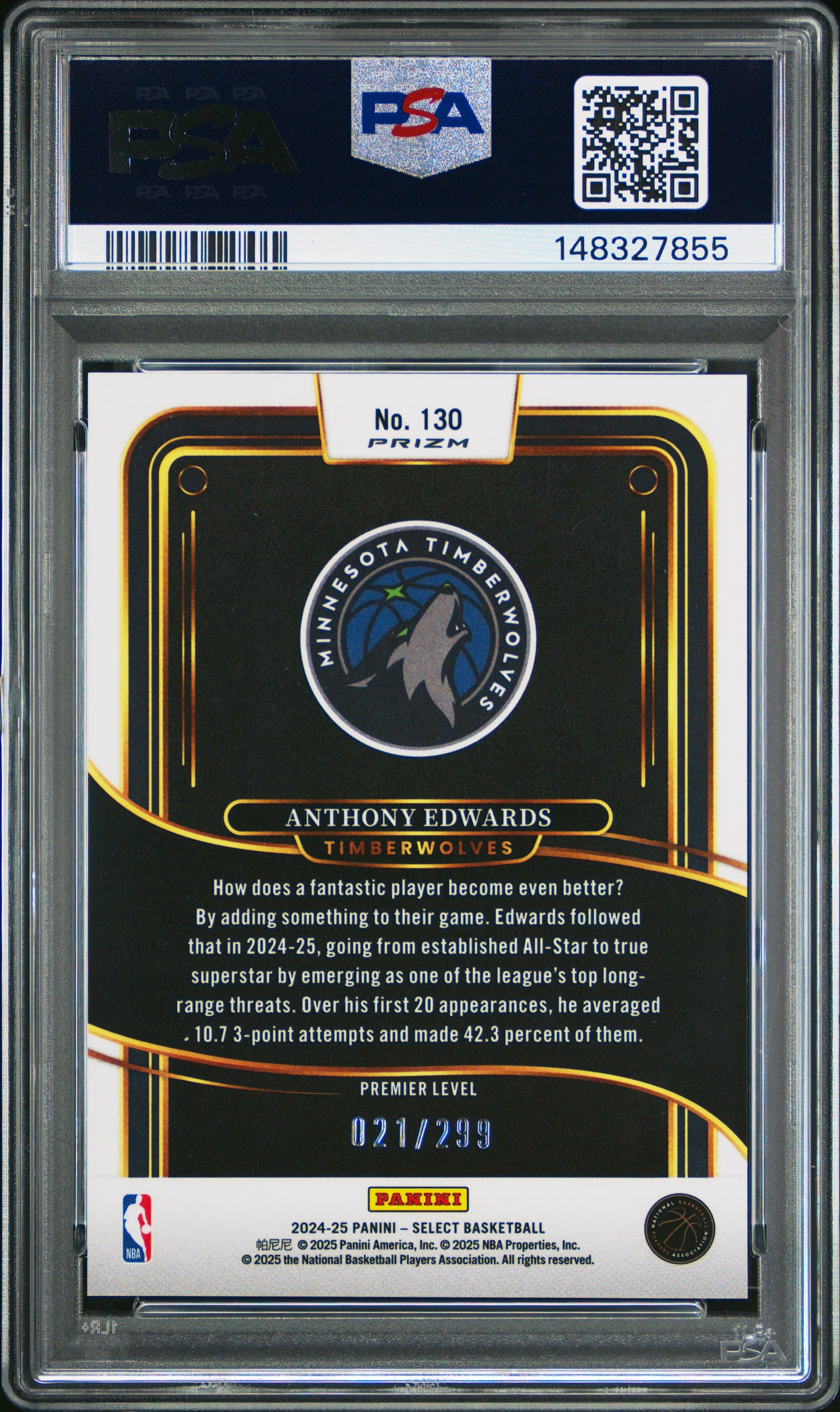 2024 Panini Select Anthony Edwards #130 Premier Light Blue Prizm /299 PSA 10