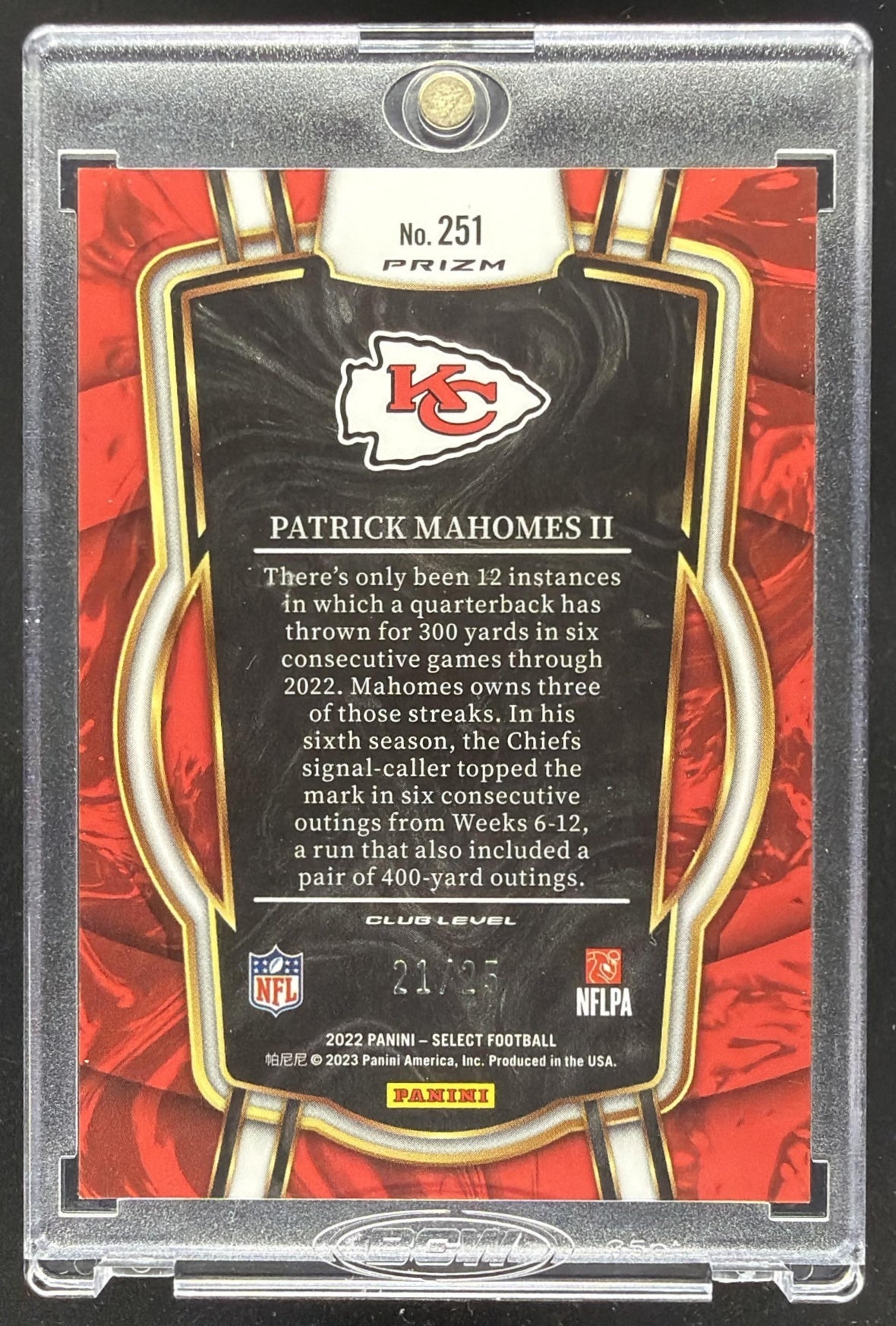 2022 Panini Select Patrick Mahomes II #251 Blue Disco 21/25 Club