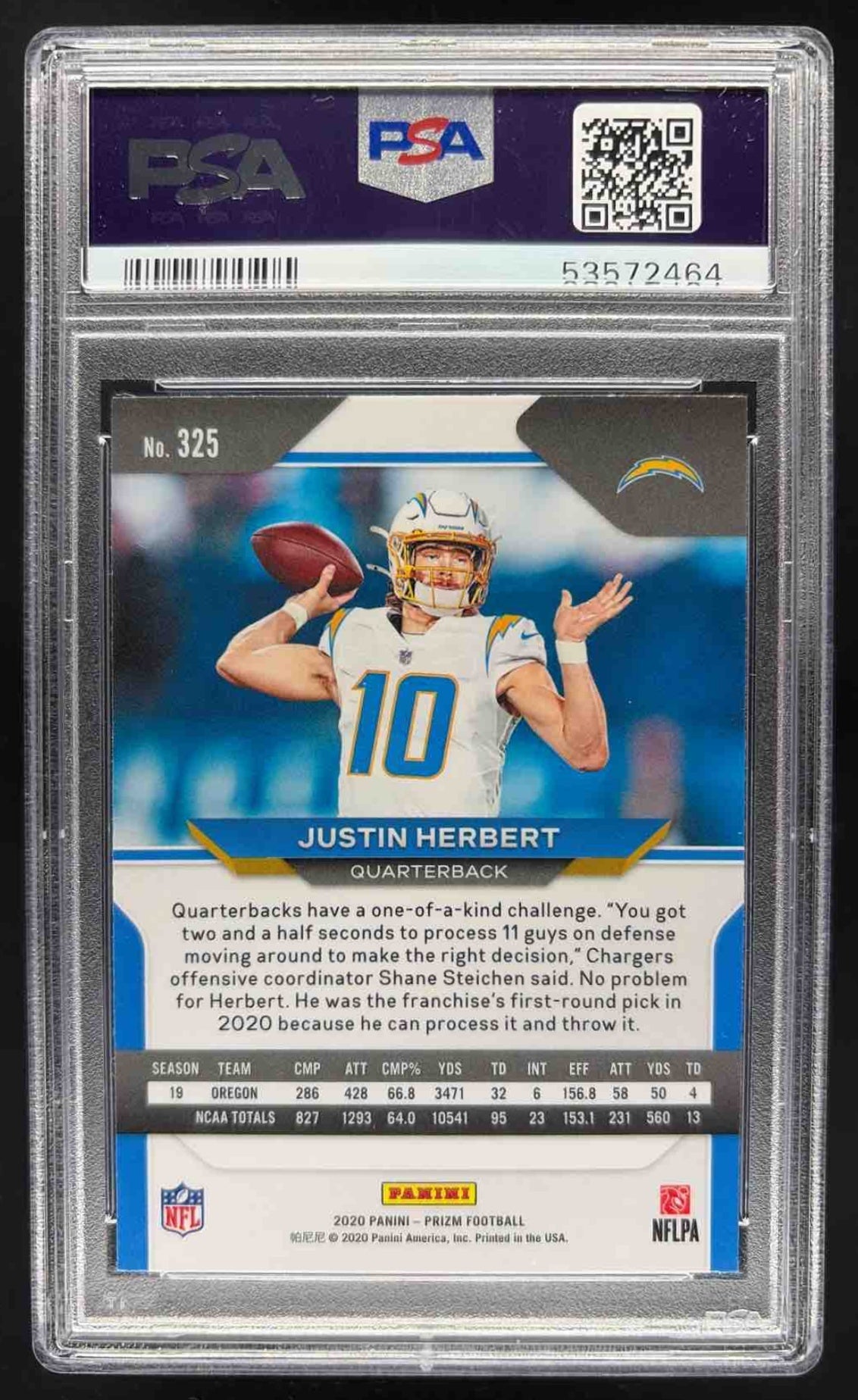 2020 Panini Prizm Justin Herbert #325 RC Chargers PSA 10