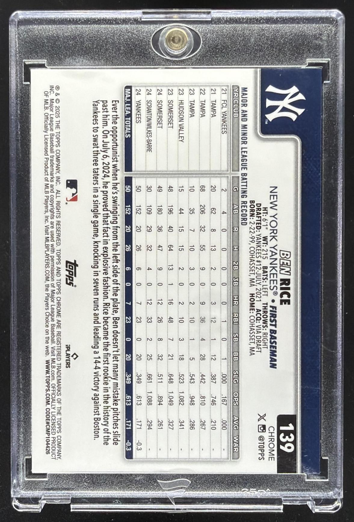 2025 Topps Chrome Ben Rice #139 Green Geometric Refractor 7/99 RC