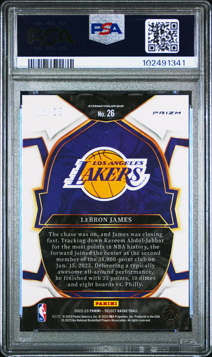 2022-23 Panini Select LeBron James #26 Gold Disco Prizms 6/10 JSY # PSA 9