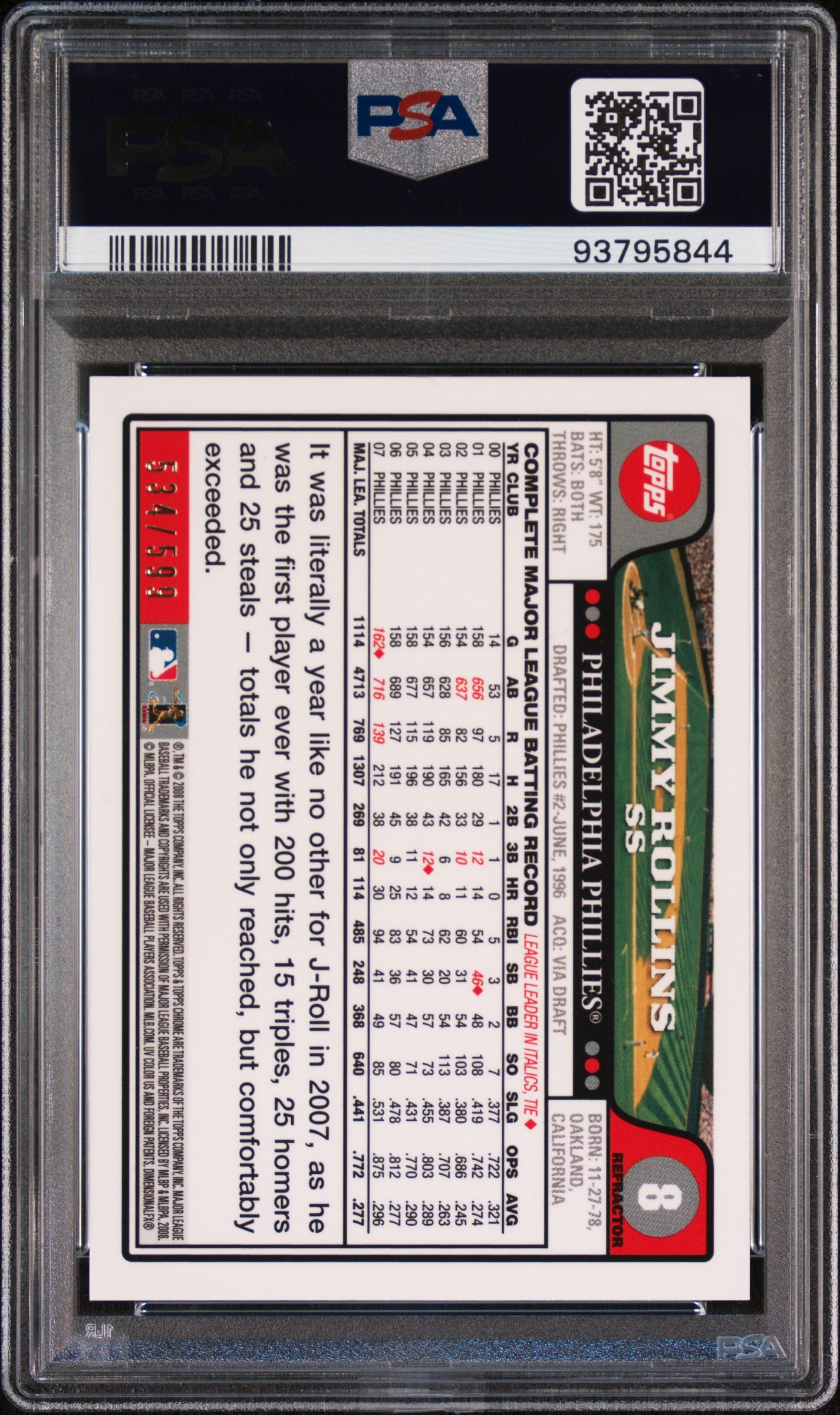 2008 Topps Chrome Jimmy Rollins #8 Copper Refractor 534/599 PSA 9