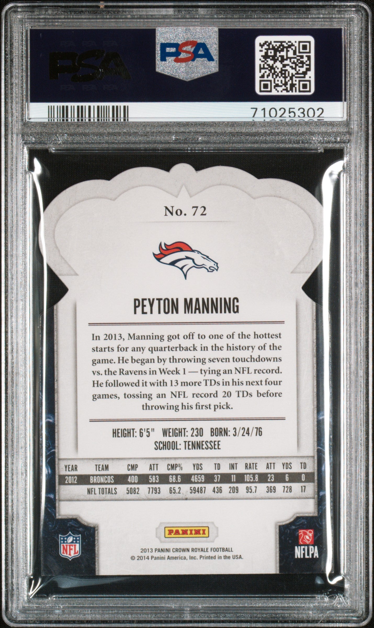 2014 Panini Crown Royale Peyton Manning #72 Purple Die Cut /25 PSA 9