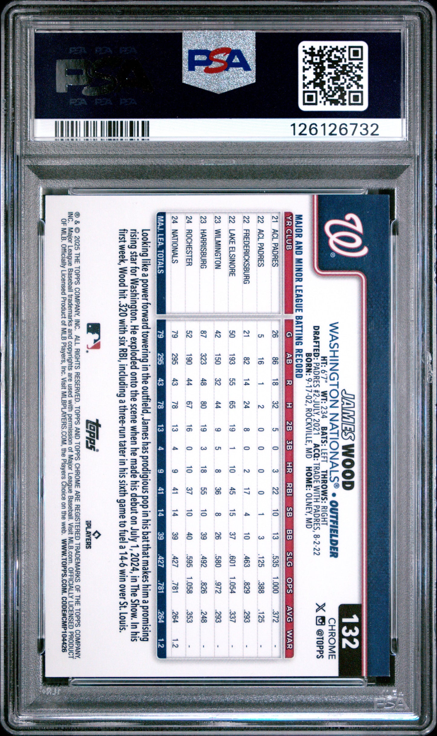 2025 Topps Chrome James Wood #132 Purple Refractor 107/250 RC PSA 10