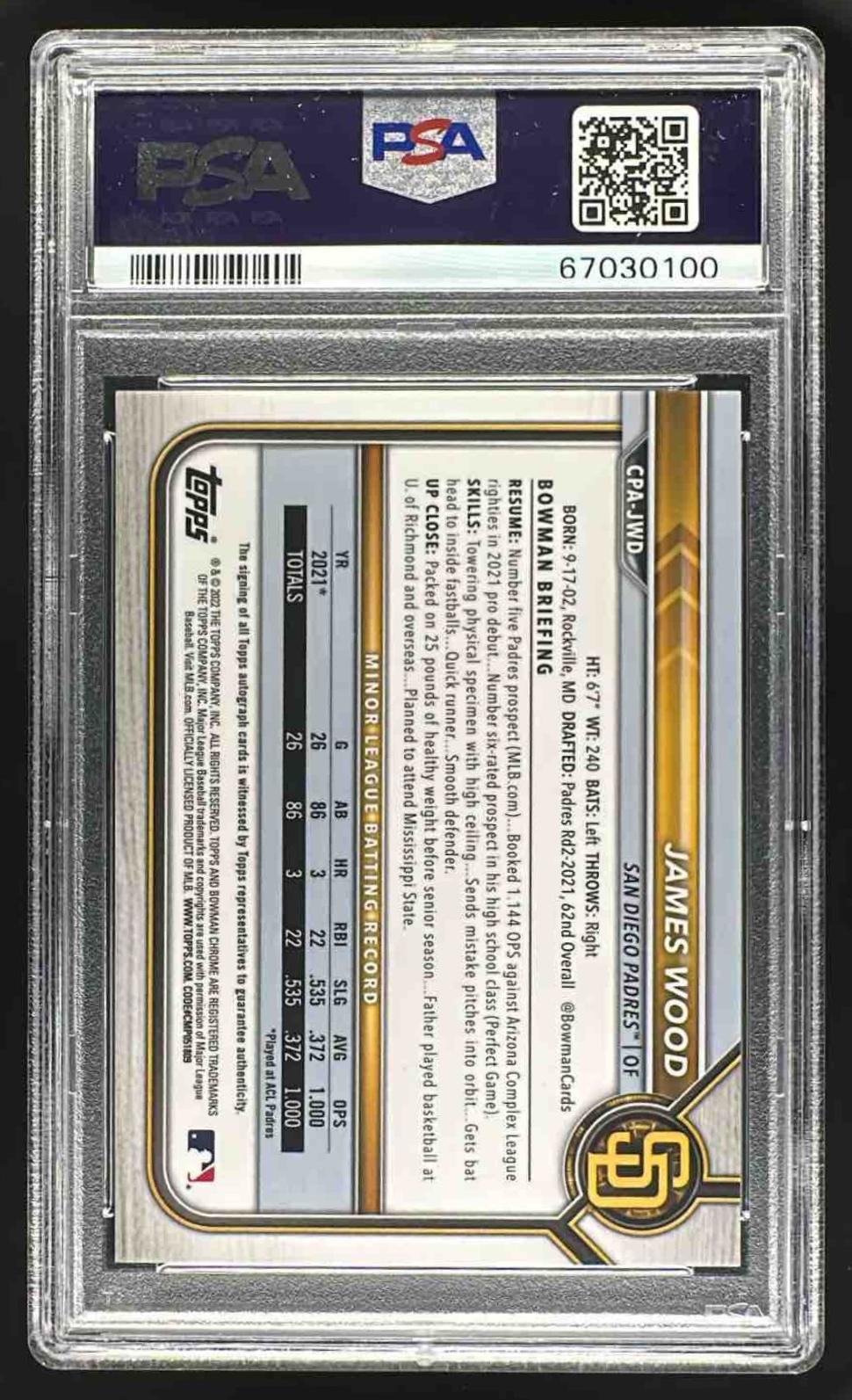 2022 Bowman Chrome James Wood #CPA-JWD Chrome Prospect Auto PSA 9