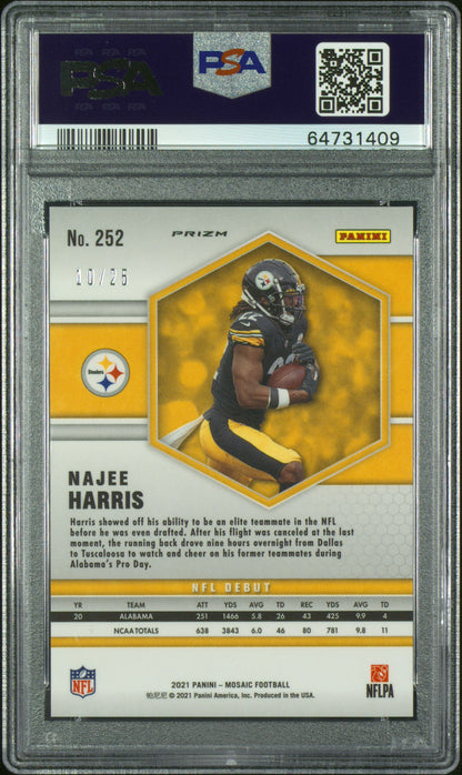 2021 Panini Mosaic Najee Harris #252 Rookie Orange Flourescent /25 PSA 10
