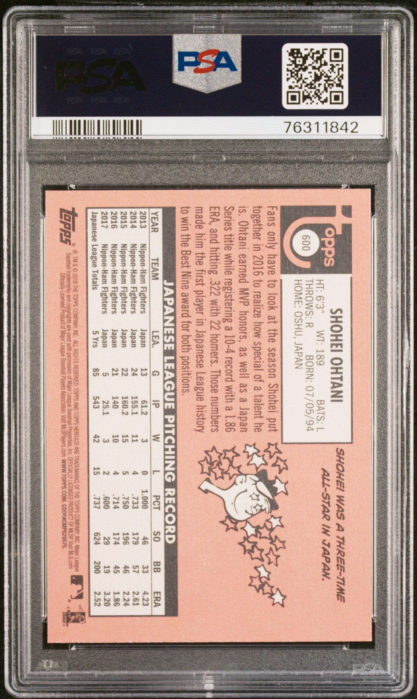 2018 Topps Heritage Shohei Ohtani Rookie PSA 9