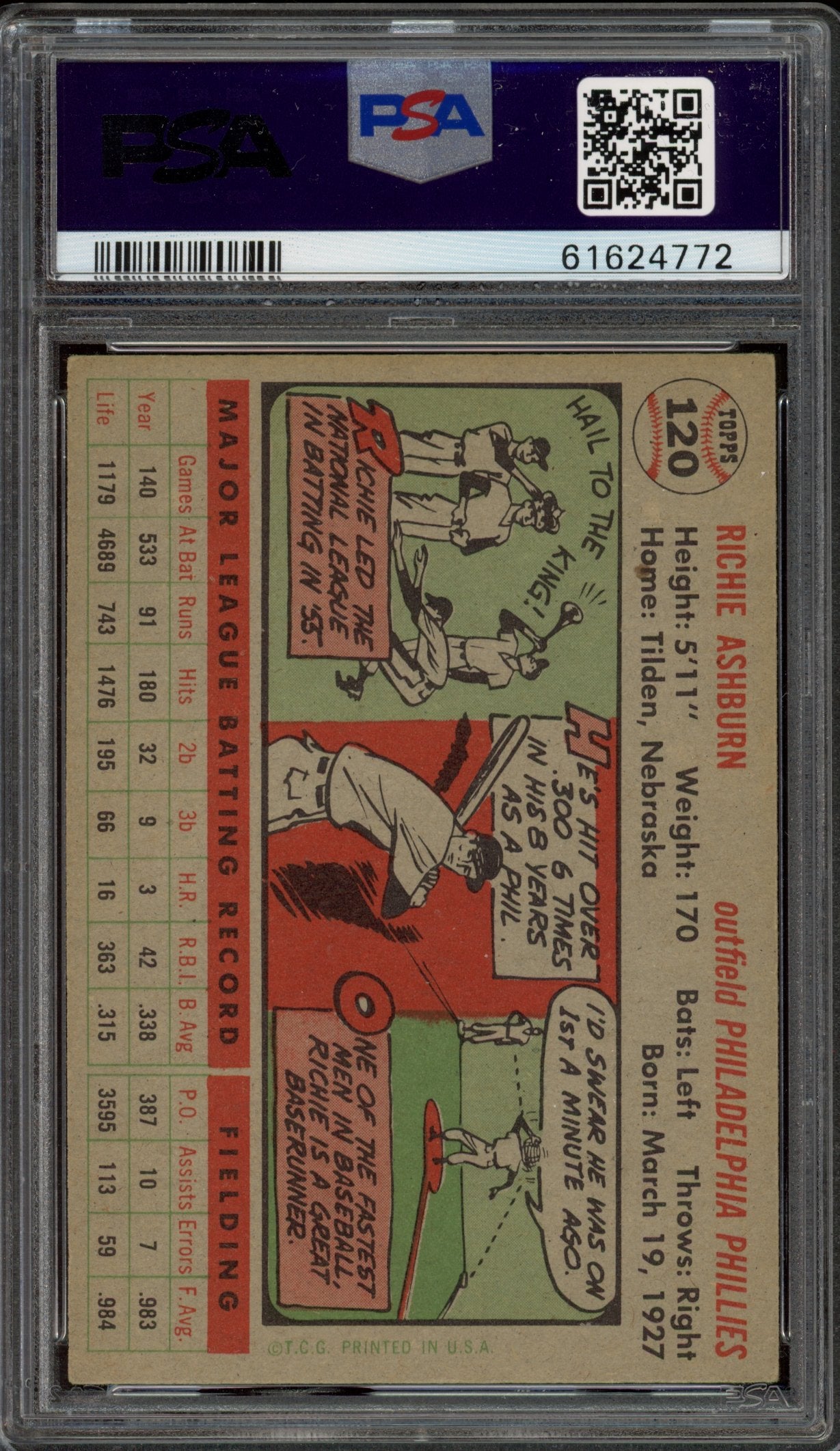 1956 Topps Richie Ashburn PSA 5 Gray Back