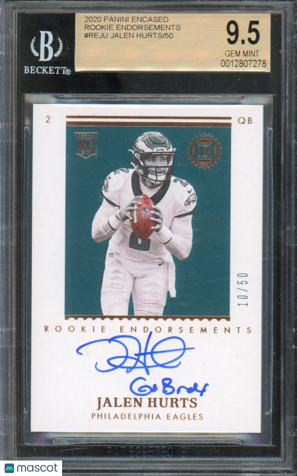 2020 Encased Jalen Hurts Rookie Endorsements Auto "GO BIRDS" /50 BGS 9.5 RC