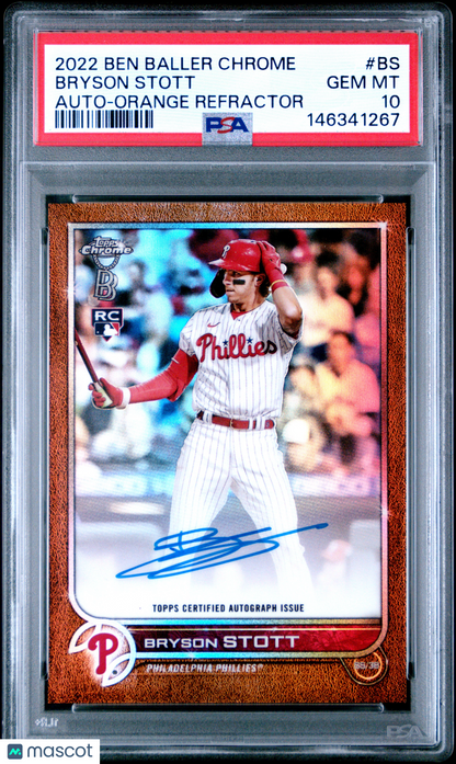 2022 Topps Chrome Ben Baller Edition Bryson Stott Auto Orange /25 RC PSA 10